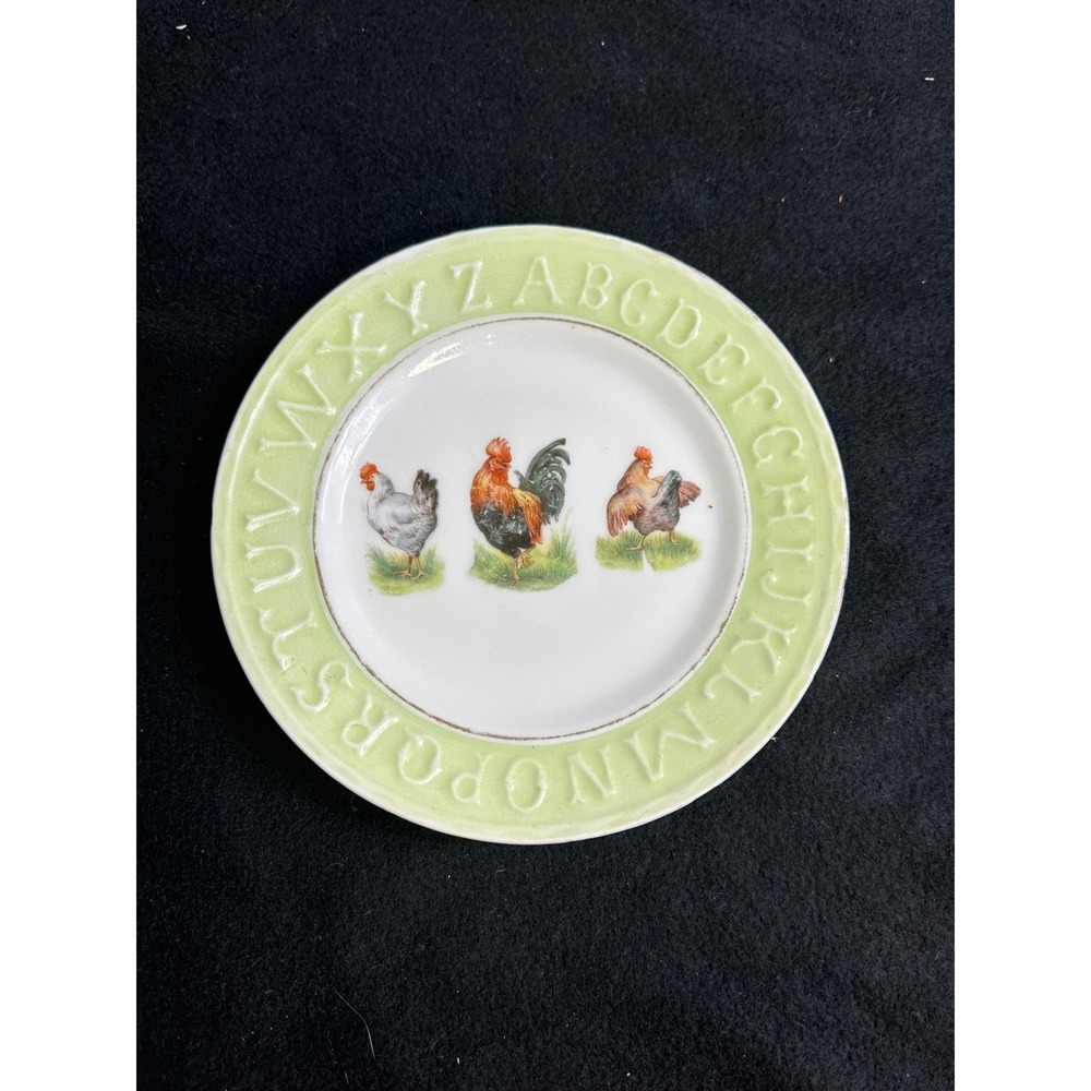 Vintage Germany Porcelain ABC Alphabet Plate Rooster Trio Green Border 6.25in